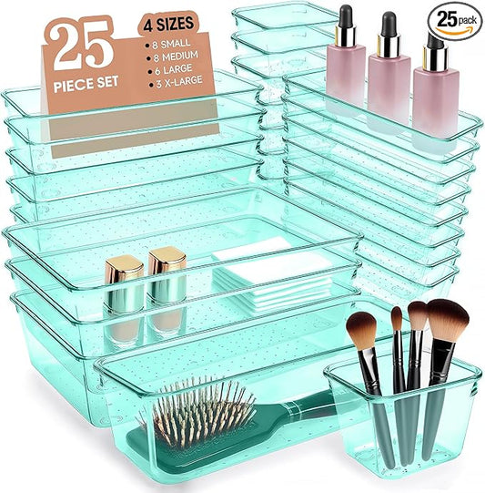 Kitchen Desk Drawer Organizers Storage for Office, Small Acrylic Vanity Trays Makeup for Drawer Bathroom Plastic Make up Organizers 25 Pcs Green