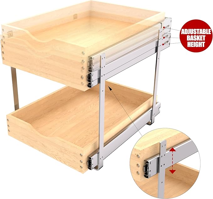 2-Tier Wood Cabinet Pull Out Shelves (14" W x 22" D), Wooden Slide Out Drawers for Kitchen Cabinets, Heavy-Duty Roll Out Pantry Organizer