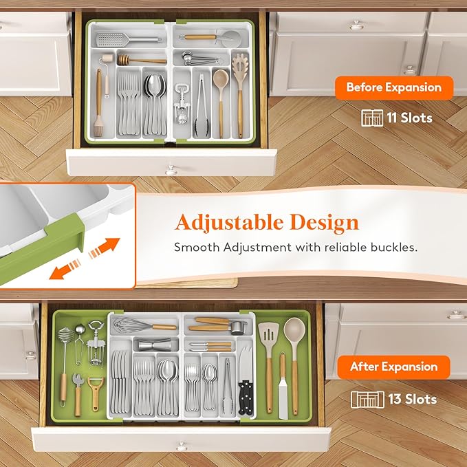 Lifewit Silverware Drawer Organizer, Expandable BPA Free Plastic Utensil Tray for Kitchen, Adjustable Flatware Cutlery Holder for Spoons Forks Knives, 21.3- 36 x 16.9", Green&White
