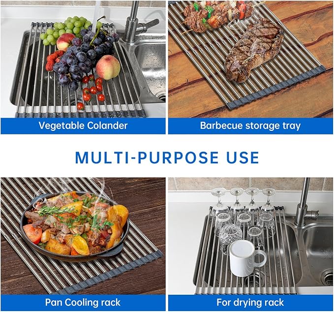 CHIRISEN Expandable Large Roll Up Dish Drying Rack, 18 Tubes 21.25x12.79'' Collapsible Over The Sink Rack, Non-Slip Silicone Rolling Dish Drainer Stainless Steel Rack for Kitchen Sink Counter (Gray)