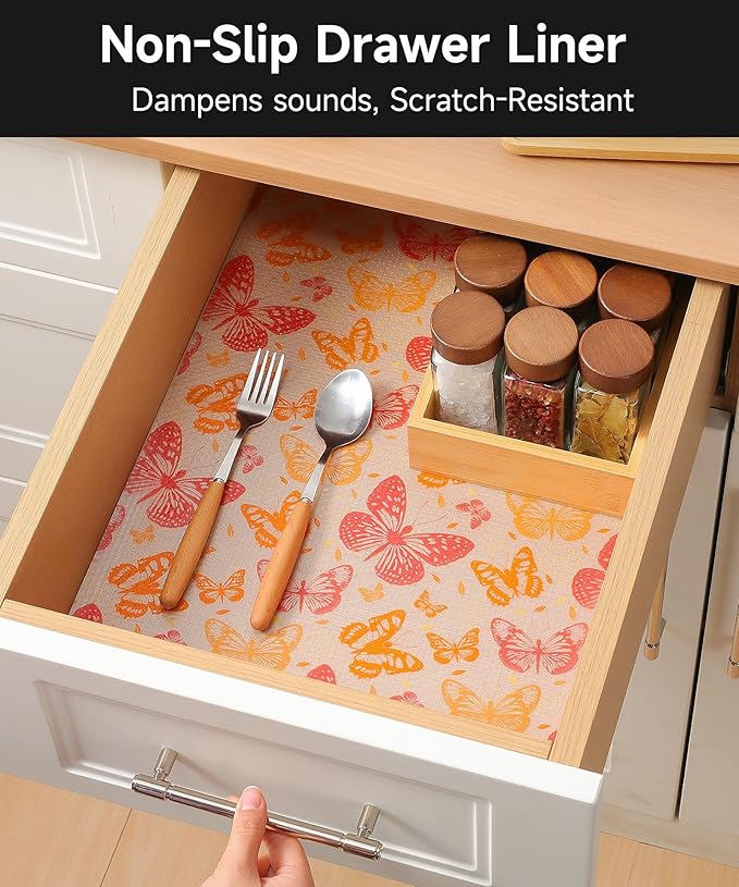 Cooyes Shelf Liner for Kitchen Cabinets Non-Adhesive - Waterproof and Washable Drawer Liners - Ideal for Refrigerator, Dresser, and Cupboards(Red Butterfly, 11.8" W x 118" L)