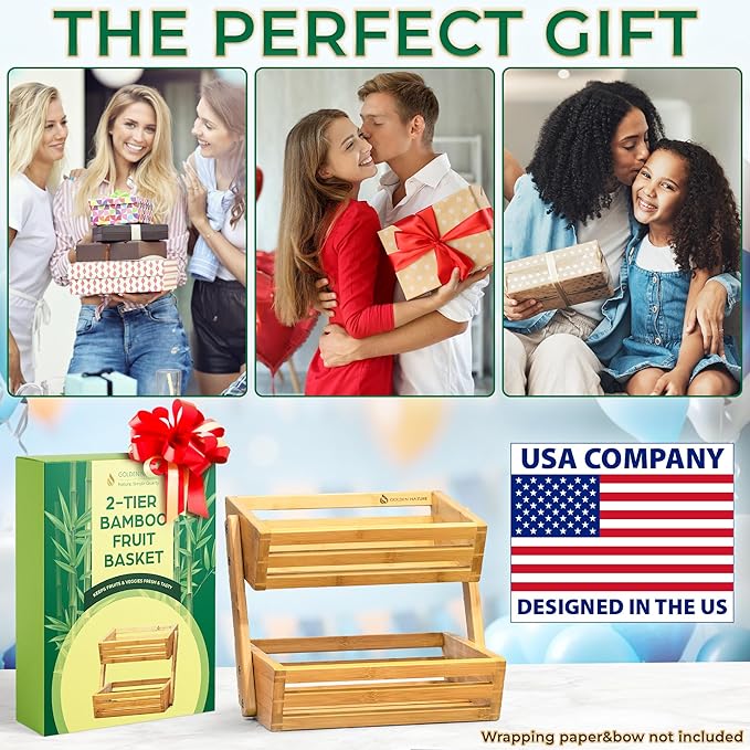 Fruit Basket - 2-Tier Bamboo Fruit & Vegetable Storage Organizer for Kitchen Counter - Gift Box Included - Lightweight & Easy Assembly - Countertop Stand Holder Bowl
