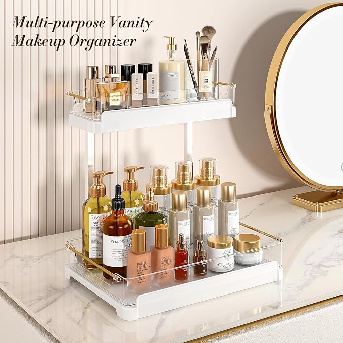 FOLLOWIN 2-Tier Bathroom Organizer Countertop,Perfume Vanity Organizers and Storage,Make Up Organizers for Counter,Makeup Storage,Removeable Vanity Trays,White