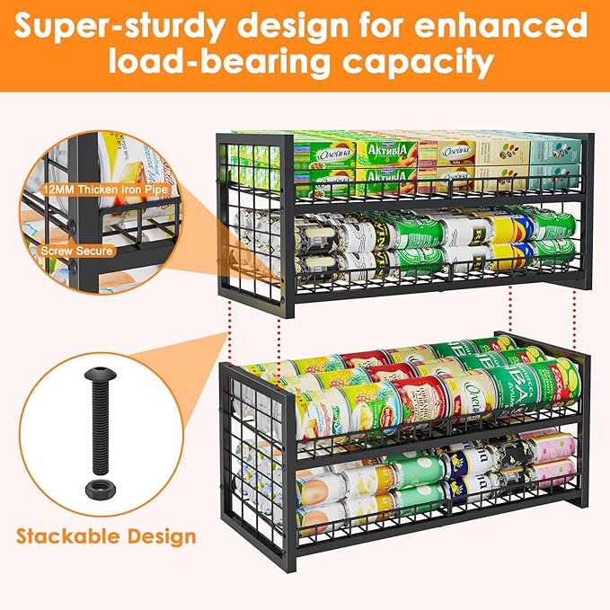 JKsmart 2-Tier Stackable Can Organizer, Extra-Long Can Rack for Pantry Storage, Adjustable Can Dispenser Holds Up to 64 Cans, Super Sturdy Holders for Various Canned Food Snacks Soda