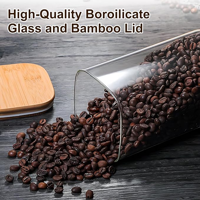 Glass Food Storage Jars Set of 5 with Bamboo Lid Airtight Glass Storage Canister, Square Kitchen Clear Food Storage Container Jar, for Pasta, Coffee, Cookies, Nuts, Cereal, Oats, Flour