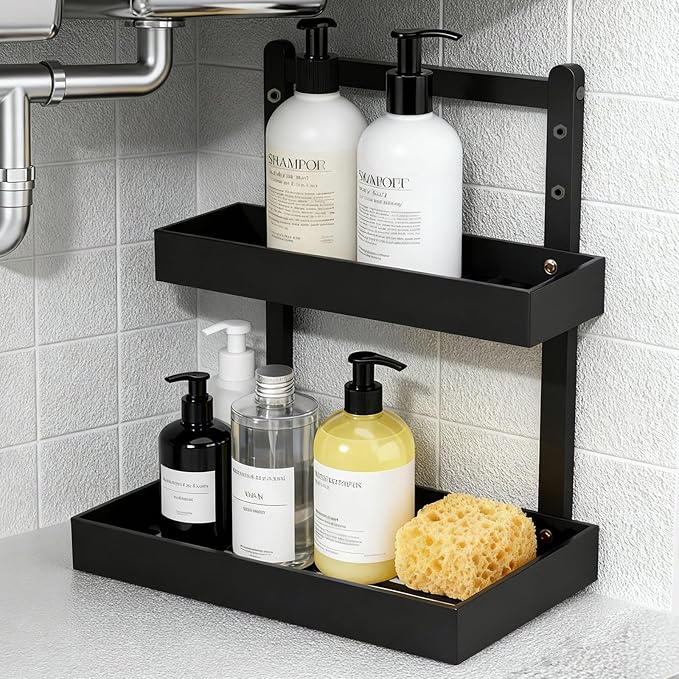 Bamboo Undersink Organizer Storage - 2-Tier Cabinet Shelf with Adjustable Levels, Under Sink Storage Slide Out for Cabinet Pantry Kitchen Bathroom