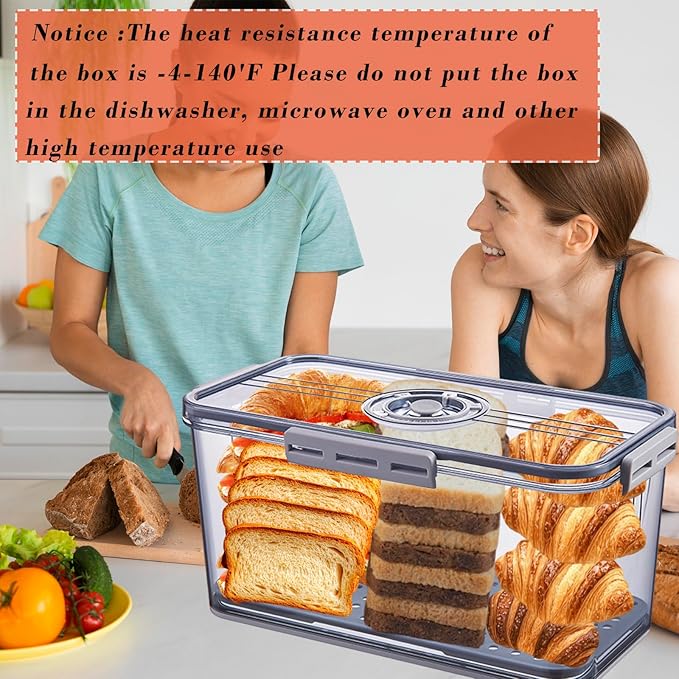 Bread Box Bread Boxes for Kitchen Counter Airtight,Time Recording Bread Storage Container with Lid, Bread Keeper for Homemade Bread, Toast, Bagel, Donut and Cookies, Grey