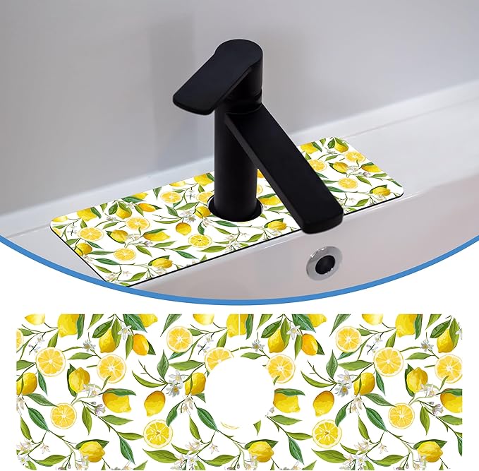 Lemon Fruit Faucet Mat Splash Guard Flower Leave Lemon, Soft Diatom Mud Material, Strong Water Absorption, Non-slip,Easy to Clean for Bathroom, Kitchen 15"X5.5"