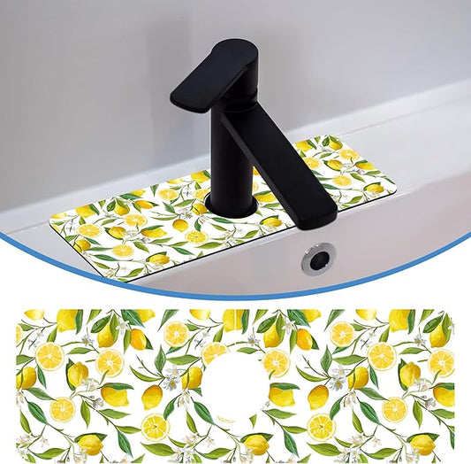 Lemon Fruit Faucet Mat Splash Guard Flower Leave Lemon, Soft Diatom Mud Material, Strong Water Absorption, Non-slip,Easy to Clean for Bathroom, Kitchen 15"X5.5"