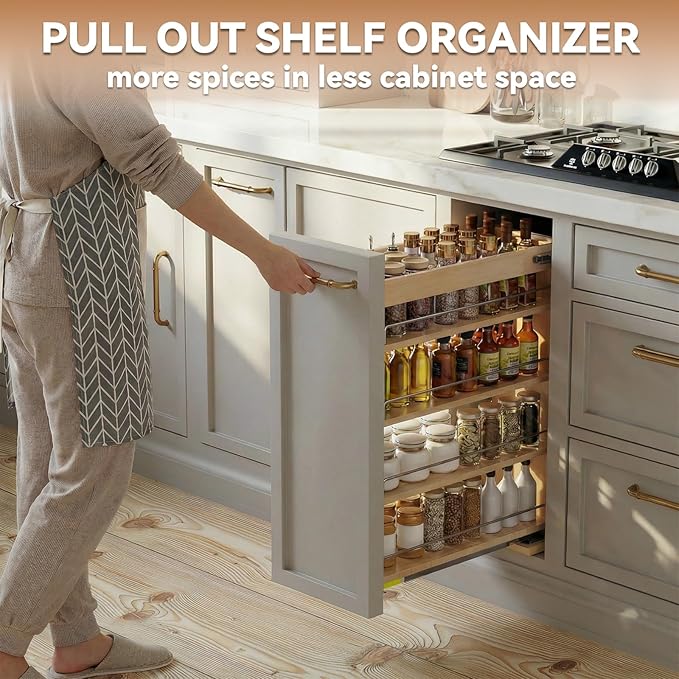 Pull Out Spice Rack Organizer for Cabinet (6.5" W x 22.3" D x 25.2" H), Sliding Spice Rack for Kitchen Cabinet, Wood Pull Out Cabinet Organizer for Multi-Use