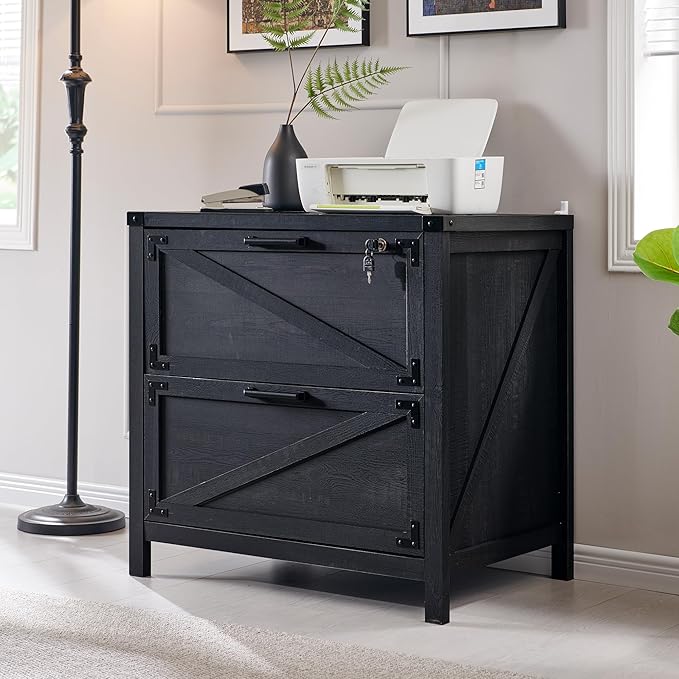 JXQTLINGMU 2 Drawer Farmhouse File Cabinet, Lateral Filing Cabinet with Lock for Home Office, Compatible Legal Letter A4 F4 Size, Black