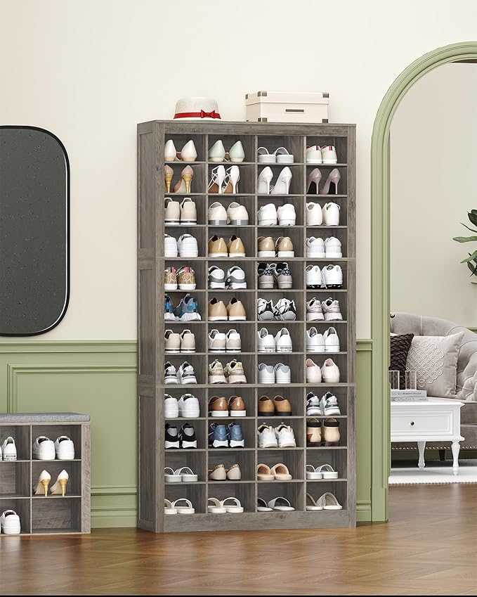 Shoe Storage Cabinet, 48 Pairs Free Standing Closet Organizer, 9 inch Widened Cell Wood Shoe Organizer, 12 Tiers Vertical Space Saving Shoe Rack for Entryway, Cloakroom, Greige SR39605X