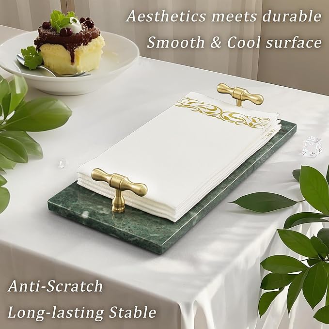 Marble Napkin Holder, Guest Towel Holder Tray, Green Marble Tray for Bathroom & Kitchen Countertop with Brass Handles, Decorative Bathroom Napkin Holder for Home Decor