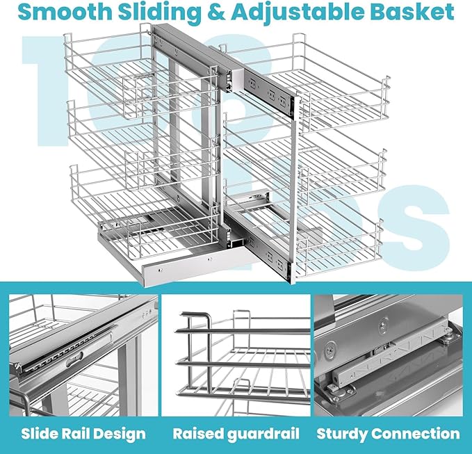 3 Tier 6 Shelf Under Sink Organizer for Kitchen Cabinets, 27’’ W X 20’’D Pull Out Cabinet Organizer, Stainless Steel Frame Slide Out Expandable Drawers for Kitchen Cabinets, Pantry, Bathroom