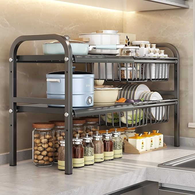 Extendable Under Sink Storage, Kitchen Shelf Organiser, 2-Tier Adjustable Under Sink Bathroom Cabinet Multifunctional Storage Rack for Bathroom Cabinet