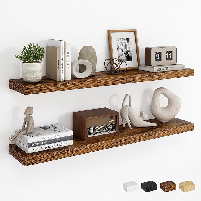 Dreamland 30Inch Floating Shelves for Wall, Rustic Wooden Floating Shelves for Bathroom|Bedroom|Kitchen, 2 Pack Deep Wall Mounted Book Shelf, Wood Storage Display Shelf for Home Decor, Brown