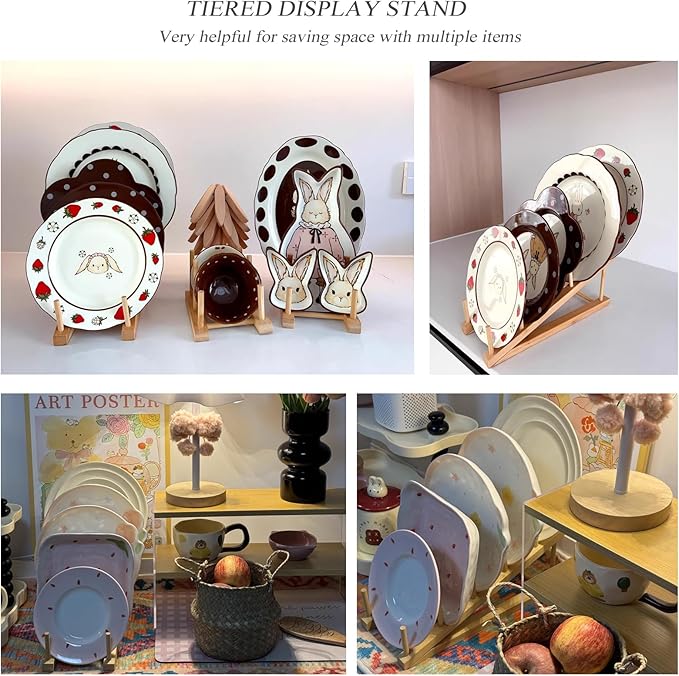 2 Pack Plate Stands For Display,Wooden Plate Holders for Displaying,5-Tier Craft Show Display Stands For Tabletop Book, Artwork, Photo, Record, Magazine and Platter