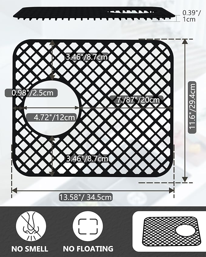BEHOK 2 Pack Silicone Sink Protectors for Kitchen Sink, Lozenge Pattern 13 x 11 Inches Sink Mat, Non-Slip and Durable Sink Protector Silicone, Rear Drain, Black