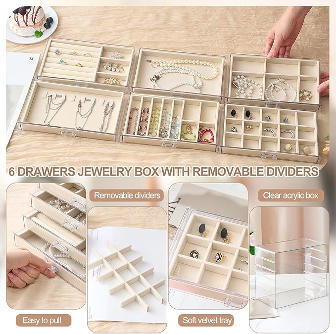 6 Drawer Clear Acrylic Jewelry Organizer with Velvet Lined Trays, Jewelry Box with Drawers for Earrings, Rings, Necklaces, Brooch, Bracelets, Watches, Stackable Storage Organizer for Women, Gift Ready