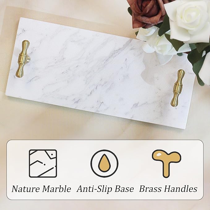 Marble Napkin Holder, Guest Towel Holder Tray, White Marble Tray for Bathroom & Kitchen Countertop with Brass Handles, Decorative Bathroom Napkin Holder for Home Decor