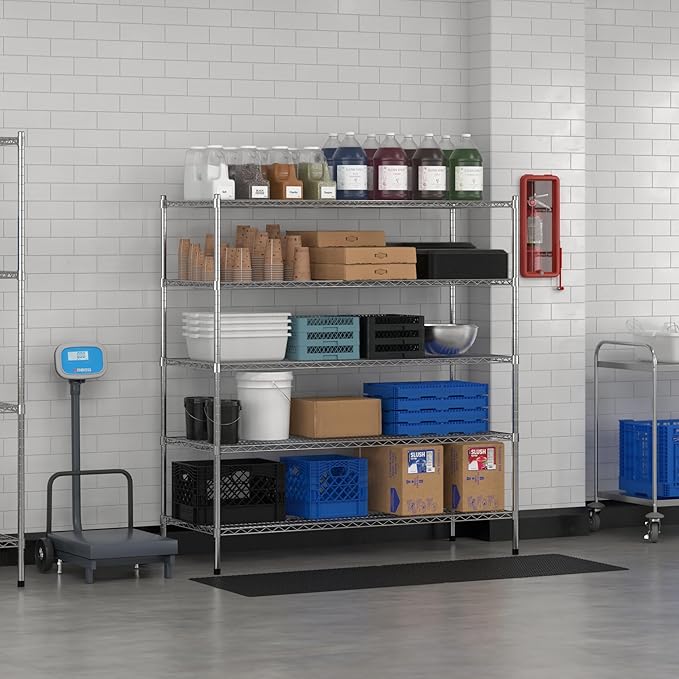 Commercial NSF Listed Chrome Stationary Wire Shelving Kit 24" x 60" x 64", with 5 Shelves Perfect for Warehouse, Walk-in Refrigerator, Freezer, Grocery Store, Restaurant, Dishroom