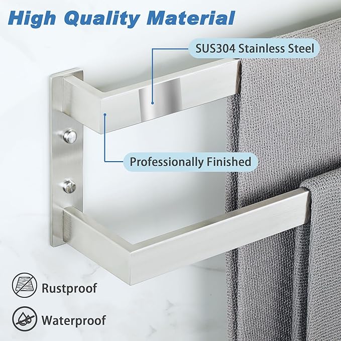 Alise Double-Layer Towel Bar, Brushed Nickel Towel Racks for Bathroom Wall Mounted, Stainless Steel Bathroom Towel Holder, Modern Space Saving Towel Rod, 16"