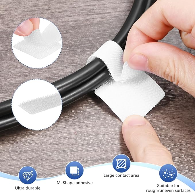 M METERXITY 100-Pack Hook and Loop Cable Ties, 3.5 x 1.1 Inch Enhanced Self-Adhesive Cord Organizer for Desk/Home/Wall/Office Essentials, Cable Management Under Desk [White]