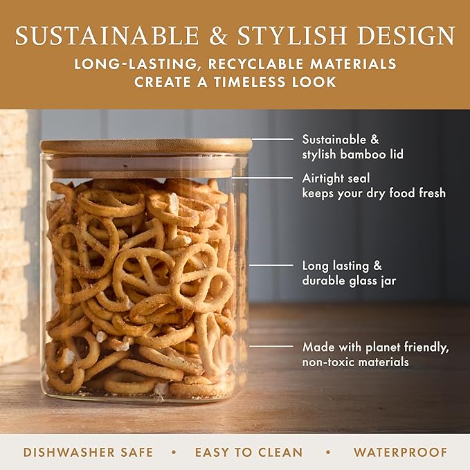 Glass Pantry Storage Containers with Lids- 165 Pantry Labels– Set of 5 various Sizes- Glass Canisters with bamboo lids-Perfect Pasta, Flour food Storage Containers-Airtight-Kitchen Canisters