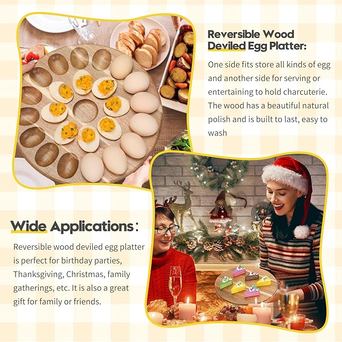 Lounsweer Reversible Wood Deviled Egg Platter and Charcuterie Board Thicken Tray Countertop Refrigerator Chicken Egg Containers Carrier for Easter Christmas(Acacia Wood)
