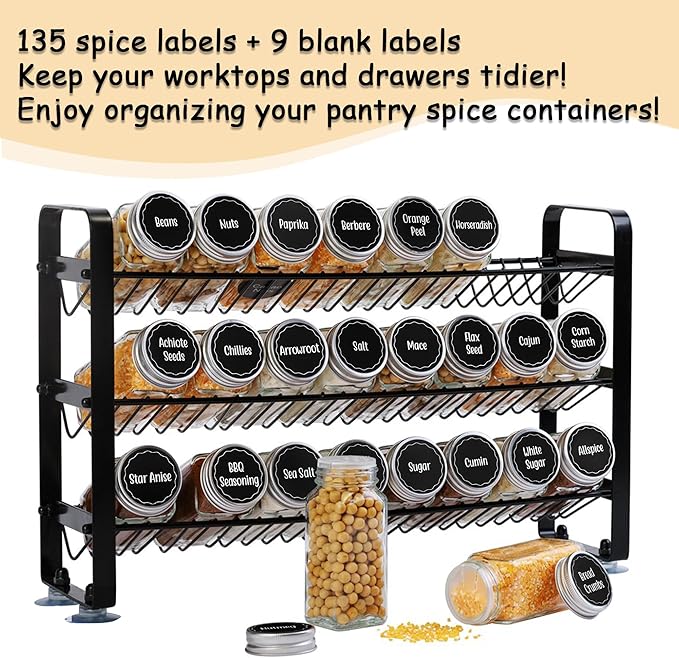 144pcs 1.5 Inch Preprinted Round Spice Jar Labels, Chalkboard Waterproof Oil Resistant, Kitchen Pantry Organization (Including 9 Blank Labels)