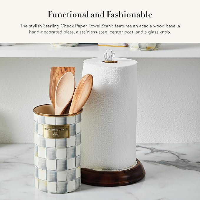 MACKENZIE-CHILDS Wood Paper Towel Holder, Decorative Paper Towel Holder for Kitchen, Grey-and-White Sterling Check