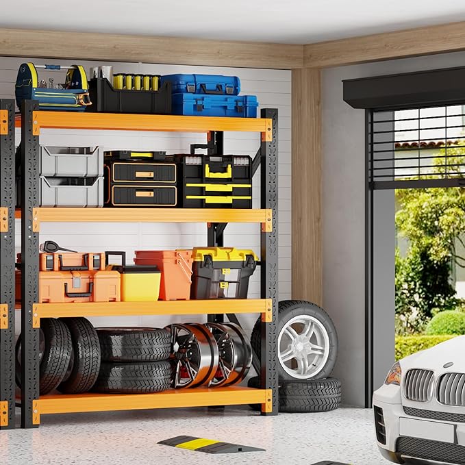 48" W Garage Shelving 3000LBS Garage Shelving Heavy Duty 4-Tier Metal Storage Shelves Adjustable Shelf Unit Storage Rack for Basement Supermarket Warehouse 48" W x 20" D x 78" H Black-Orange