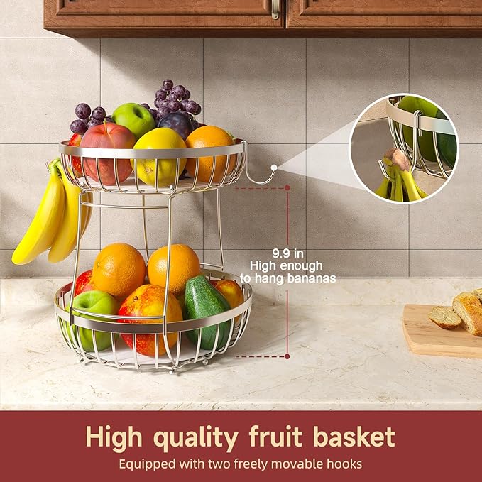 2 Tier Fruit Basket for Kitchen Counter with 2 Banana Hangers, 2025 Pro Detachable Metal Fruit Bowl with Wooden Handle,Fruit Holder for Bread Snack Veggies, Silvery Extra Large