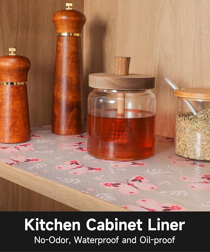 Cooyes Shelf Drawer Liner for Kitchen Cabinets Non Adhesive - Thickened Waterproof Easy to Clean Washable Shelf Paper for Dresser, Pantry, Cupboard (Pink Butterfly, 17.7" W x 78.7" L)