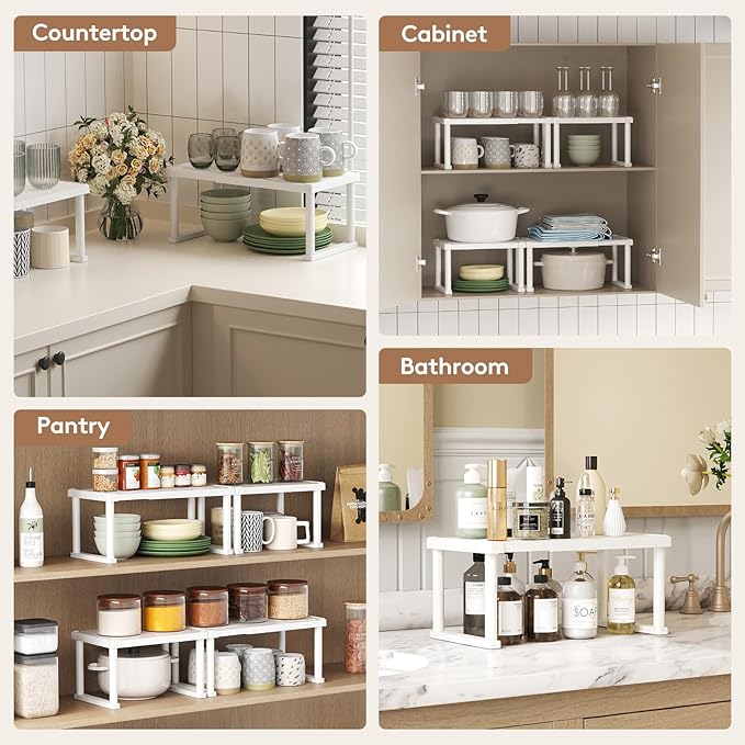 Lifewit Cabinet Shelf Organiser, Expandable Countertop Kitchen Shelves, Plastic Shelf Riser for Pantry Kitchen Storage and Spice Rack, Set of 2, 40 x 21 x 18cm/16 x 8 x 7 inch, White