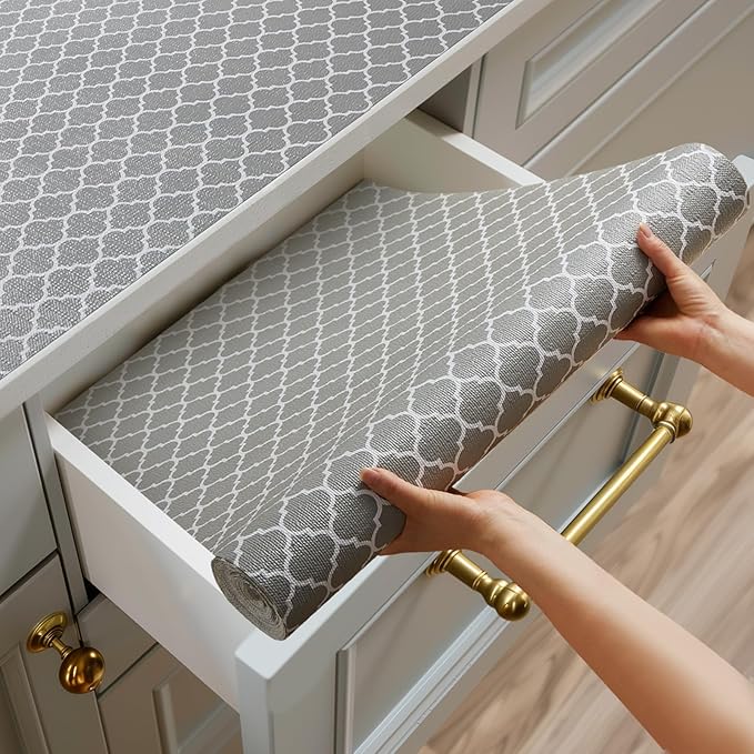 Shinlendid Shelf and Drawer Liner for Kitchen Cabinets Non-Adhesive, Strong Grip Non-Slip Thickened Cabinet Liners for Shelves, Waterproof Mats for Dresser Cupboard, Gray, 17 in x 20 Feet