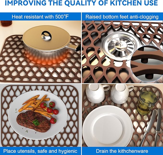 Sink Protectors for Kitchen Sink,TOOVEM 13.6"x11.6" Kitchen Sink Mats Large Silicone Sink Mats Grid for Bottom of Farmhouse Heat Resistant Silicone Coffee 1PCS