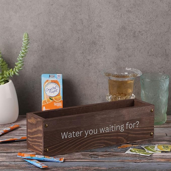 GoFika Water Packet Organizer | Drink Mix Holder | Hydration Station | 5 Slots Wood Caddy Brown