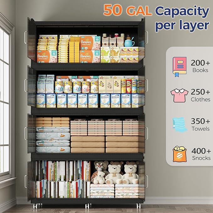 QAVABIN 200GAL Extra Large Storage Bins with Lid, 800QT Collapsible Organizer with Wheels, Stackable Closet Cabinet with Doors, Folding Storage Containers for Home, Office, Kitchen, 4Pack Black