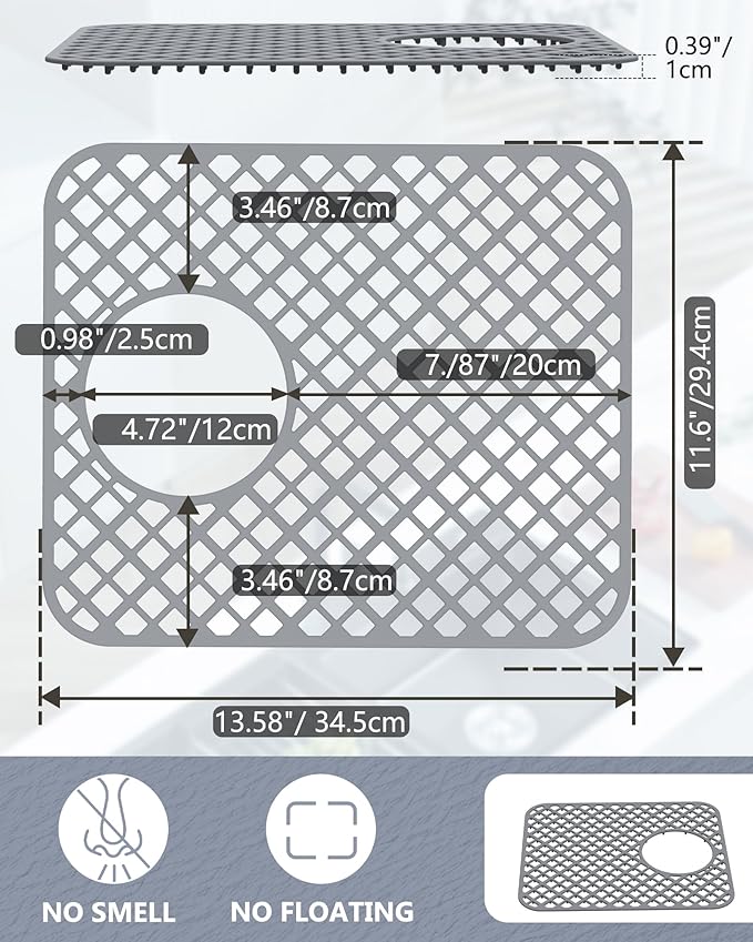 BEHOK 2 Pack Silicone Sink Protectors for Kitchen Sink, Lozenge Pattern 13 x 11 Inches Sink Mat, Non-Slip and Durable Sink Protector Silicone, Rear Drain, Gray