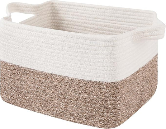 OIAHOMY Woven Storage Basket for Shelves, Rectangle Cotton Rope Baskets for Organizing, 13 x 10 x 9 in, Storage Bins for Dog Toys,Towel,Books,Gift,Flax Brown and White