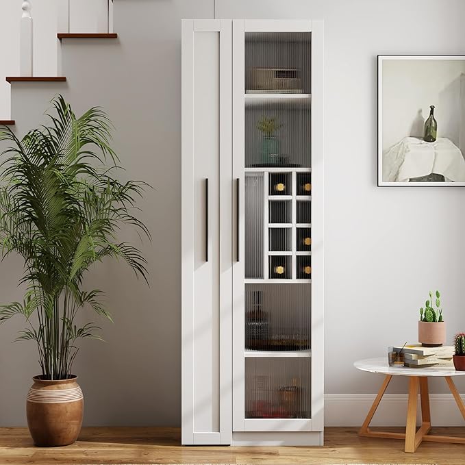 Pull-Out Kitchen Pantry Cabinet with Multi-Tier Shelves, Glass Doors & Spice Rack, Freestanding Wood Hutch Storage Cabinet Next to Refrigerator for Coffee Bar, Dining Room, Narrow Spaces