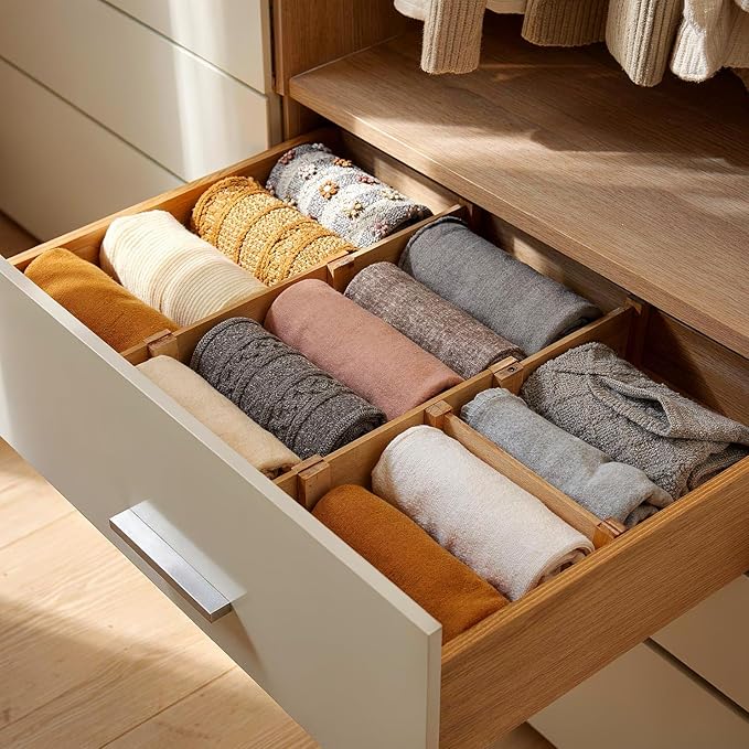 Bamboo Adjustable Drawer Divider, Expandable Drawer Organizer Insert, Non Slip Kitchen Utensil Closet Storage Separator (Natural)
