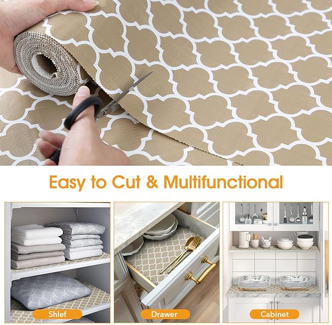 Shinlendid Shelf and Drawer Liner for Kitchen Cabinets Non-Adhesive, Strong Grip Non-Slip Thickened Cabinet Liners for Shelves, Waterproof Mats for Dresser Cupboard, Beige, 23 in x 30 Feet