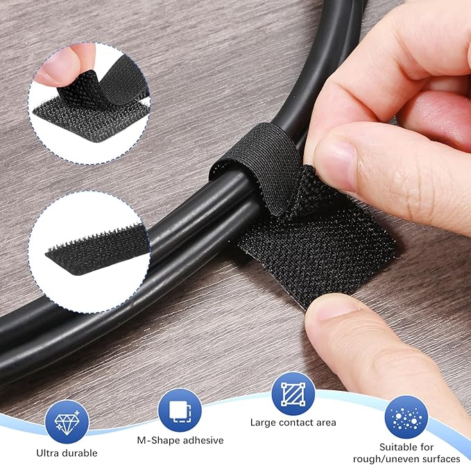 M METERXITY 100-Pack Hook and Loop Cable Ties, 3.5 x 1.1 Inch Enhanced Self-Adhesive Cord Organizer for Desk/Home/Wall/Office Essentials, Cable Management Under Desk [Black]