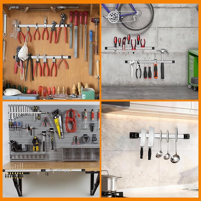 24" Magnetic Tool Holder Strip, 4 Pieces Silver Metal Tool Organizer Rack with Stainless Steel Surface, Magnet Bar for Garage Workshop, Easy To Install with Mounting Screws