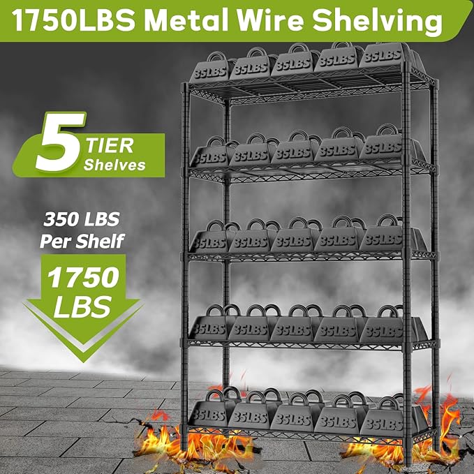 MODCART Storage Shelves, 2 PCS 36" L x 14" W x 72" H Heavy Duty Garage Wire Shelving Unit Loads 1750LBS, 5-Tier Adjustable Metal Industrial Utility Shelf Rack for Kitchen, Laundry Room, Basement