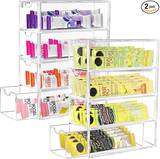 2 Pack Drink Packet Organizer, Acrylic Drink Mix Holder with 4 Clear Drawers Water Flavor Packets Container for Kitchen Pantry Home Organization (2 Pack)