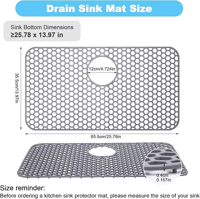 Myirxcv Silicone Sink Mat 25.78"x 14" Heat Resistant Sink Protectors for Kitchen Sink Bottom, Non-Slip Faucet Mat for Stainless Steel（Rear Drain）