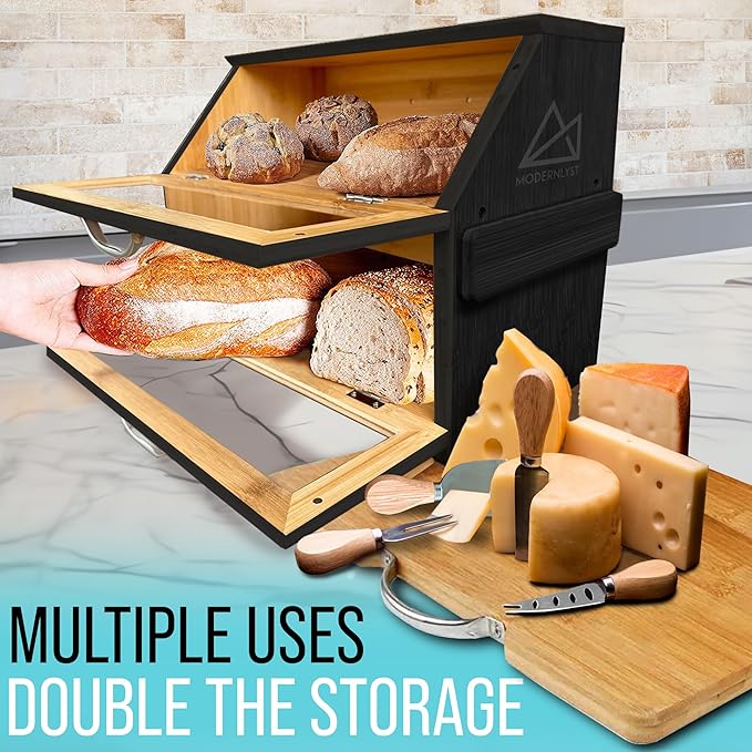 Extra Large Bread Box with Cutting Board & Knife Set | 7 Piece Set | Bamboo Breadbox | Bread Boxes for Kitchen Countertop | Bread Storage Container| Assembly Required (New Black)